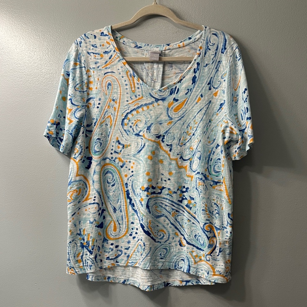 Chico's Blue and Orange Paisley V-Neck Blouse